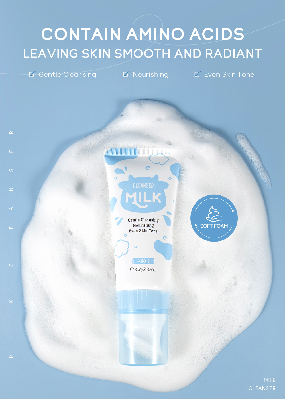 Cross-border LAIKOU Milk Facial Cleanser 80g hydrating, moisturizing, pore-cleaning and nourishing, factory in stock wholesale undefined