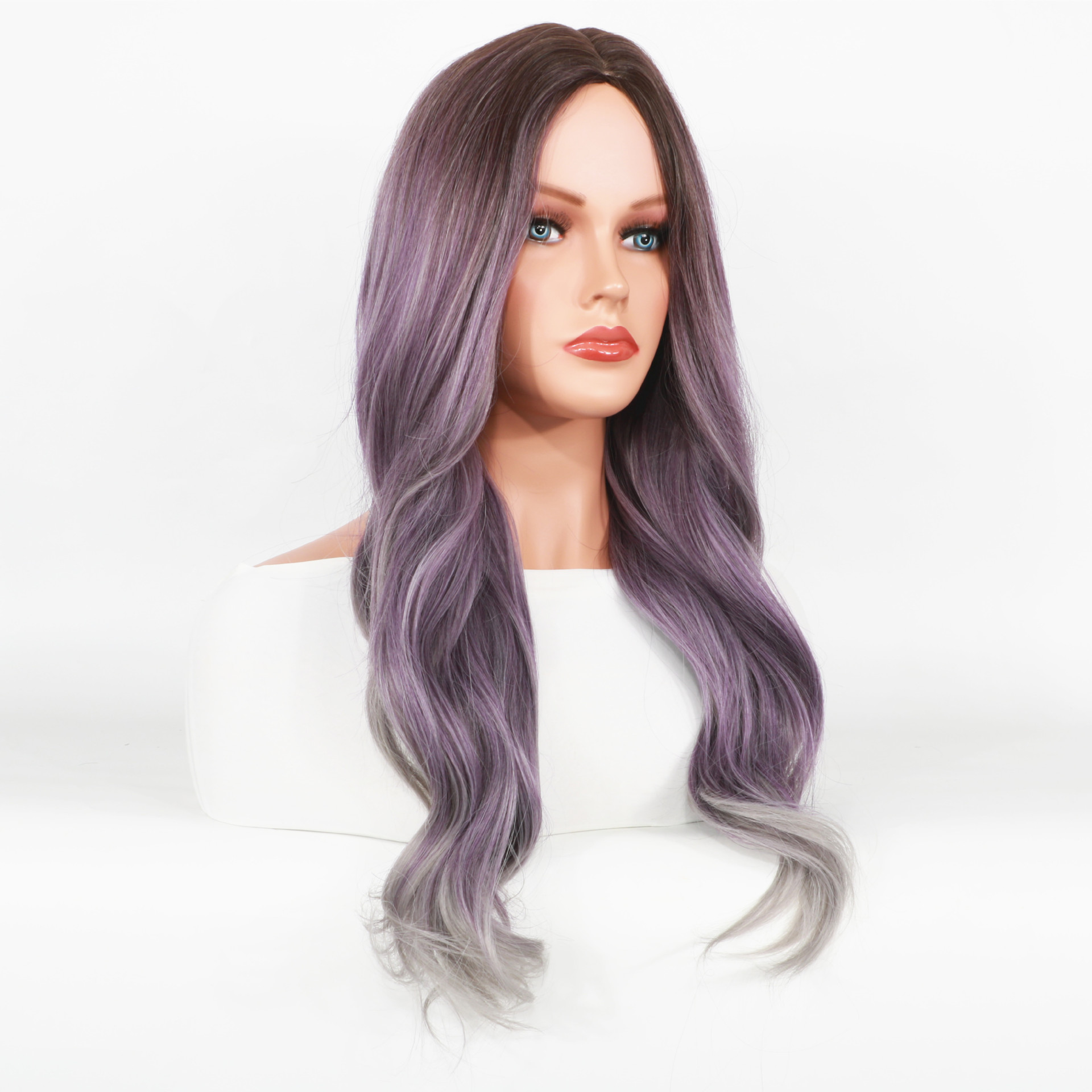 Synthetische Perücke für Damen, Hochtemperatur-Seidenkopfbedeckung, mittelgroß, geteilt, brauner Farbverlauf, violett, grau, lange lockige Haarperücken_voghion.com