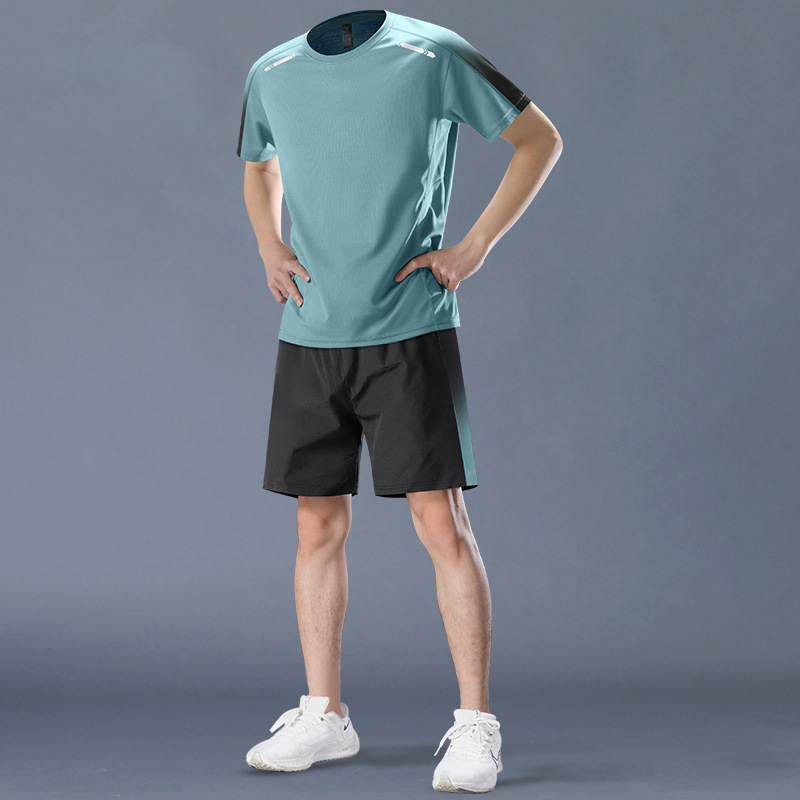 スポーツスーツメンズ速乾性夏ランニング半袖フィットネス服アイスシルク Tシャツショーツバドミントントレーニング服|undefined