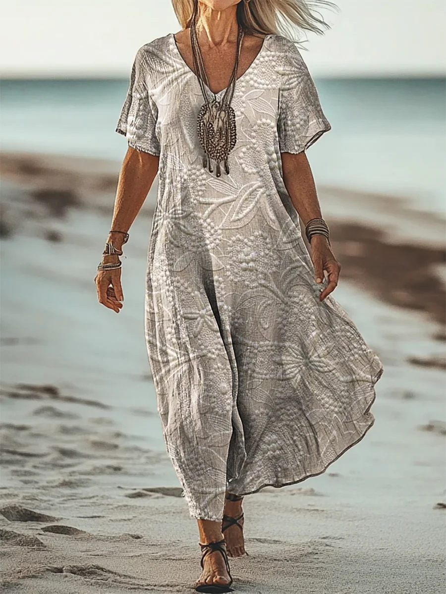 Creative Floral Women's Summer V-Neck Short Sleeve Dress, Mid-Length Dress_ecoleips.com