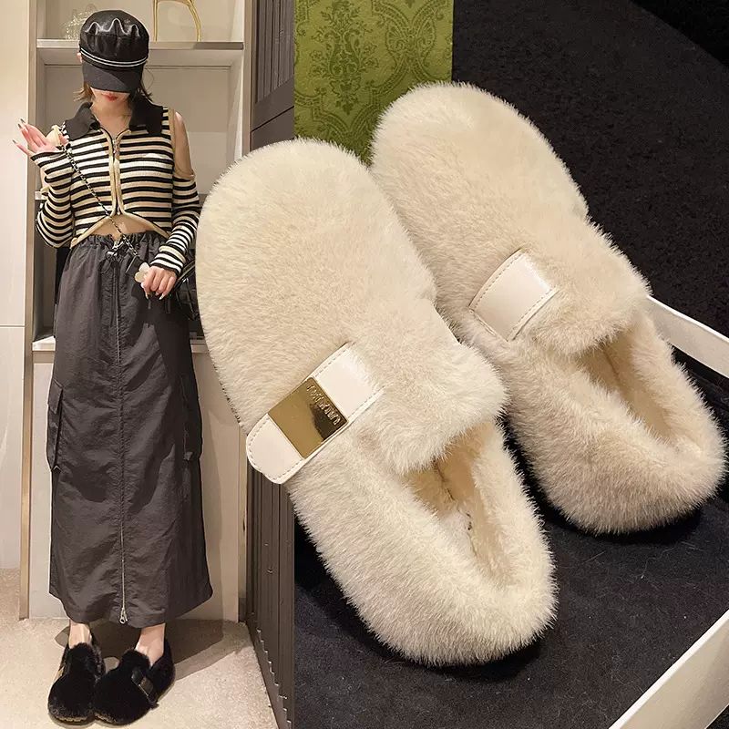 法式白色毛毛鞋女外穿2025新款秋冬一脚蹬高级感水貂毛绒豆豆棉鞋
