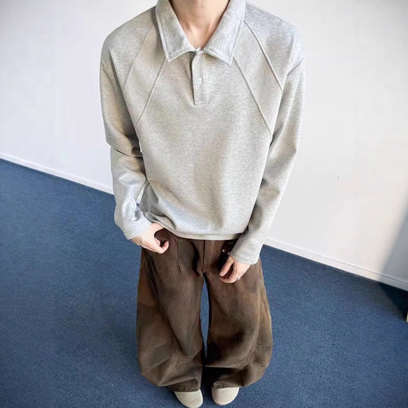 新款美式解构重磅polo衫卫衣男学生秋季cleanfit感痞帅休闲套头衫