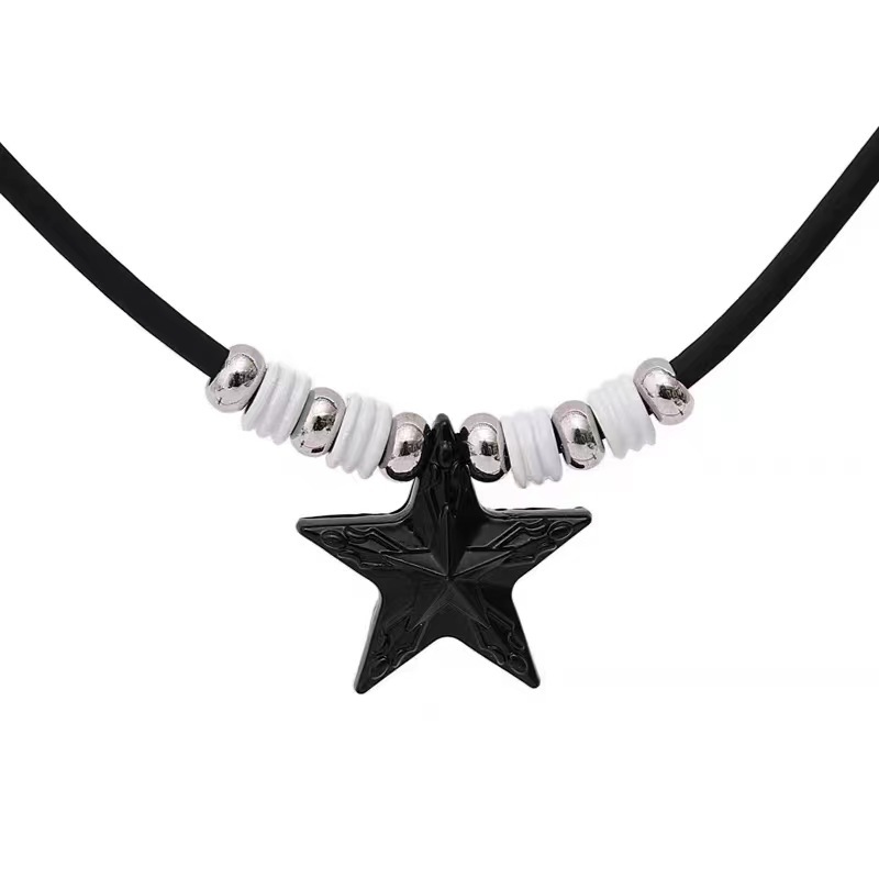Black Five Pointed Star Beaded Leather Choker For Women Style_voghion.com