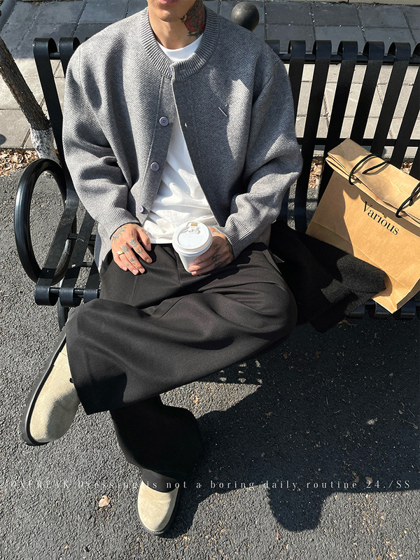老钱风纯色开衫棒球领针织衫外套男秋季新款宽松休闲百搭慵懒上衣|undefined