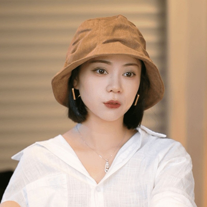 灯芯绒渔夫帽女2025新款复古褶皱遮阳盆帽秋冬季百搭显脸小水桶帽|undefined