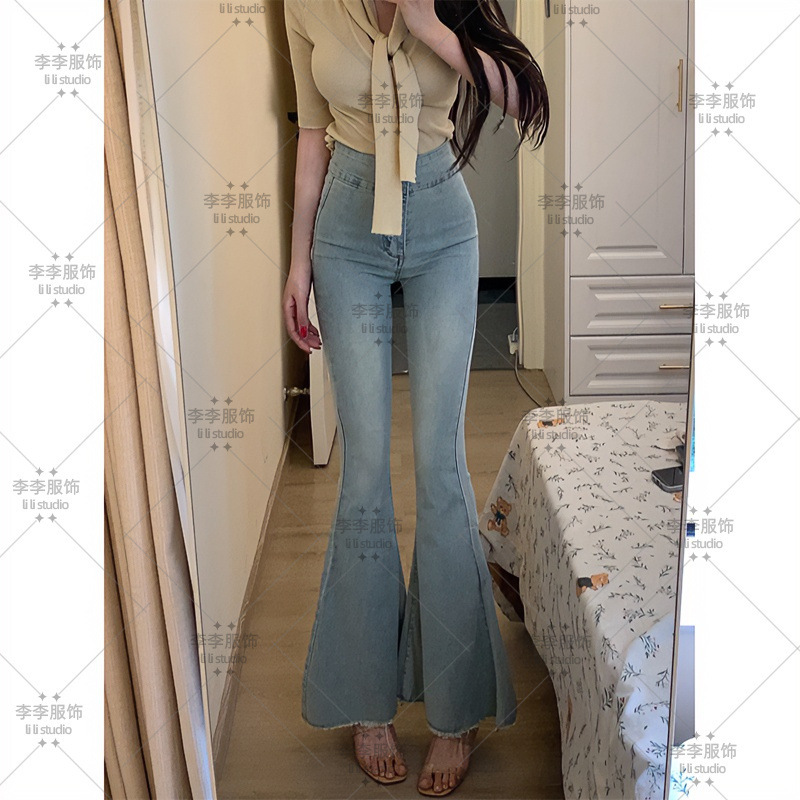 浅蓝色高腰微喇牛仔裤女2025夏季新款弹力修身显瘦弹力鱼尾喇叭裤|undefined