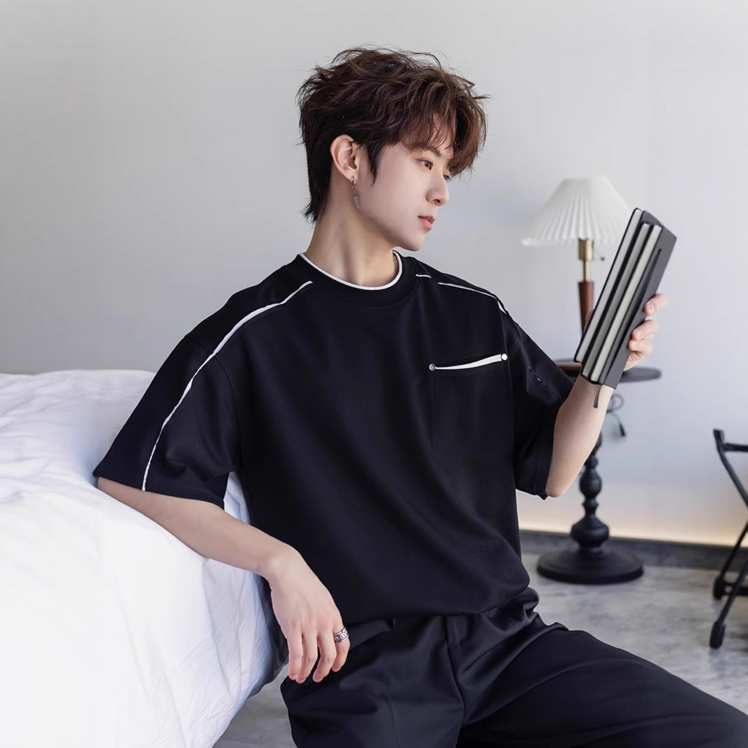 American High Street Short-Sleeved Men's T-Shirt Summer New Trendyy Splicing Design Loose and Versatile Casual Round Neck Half-Sleeve