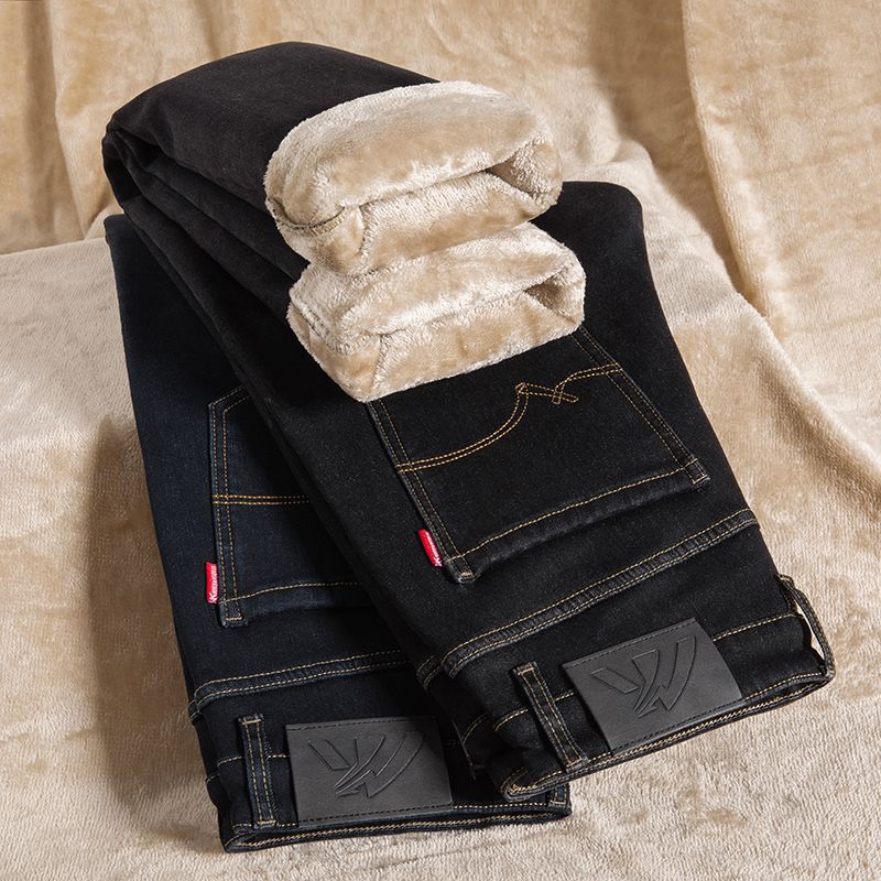 海岛法莱绒男士牛仔裤新款加厚直筒加绒保暖合体休闲百搭牛仔裤男