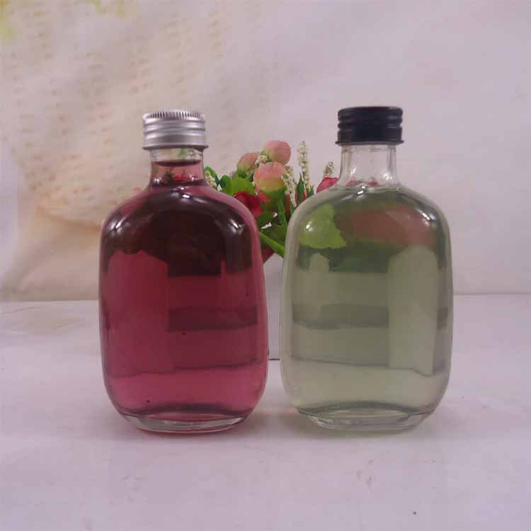 新款螺口250ml铝盖玻璃酒瓶子扁圆果汁奶茶玻璃瓶白酒瓶可丝印
