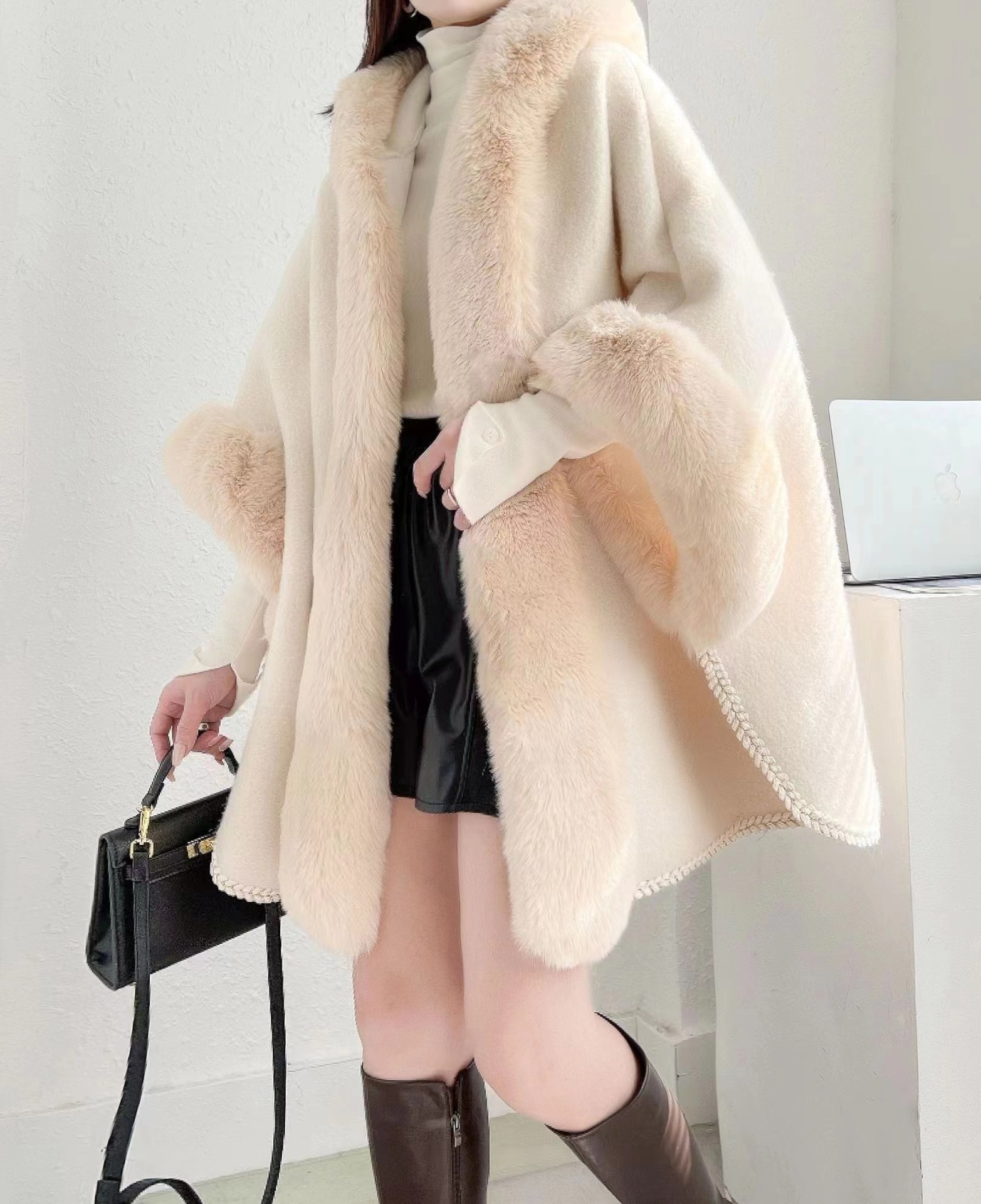 Fur collar cape shawl women's fleece thickened mid-length hooded cardigan plus-size woolen coat_voghion.com