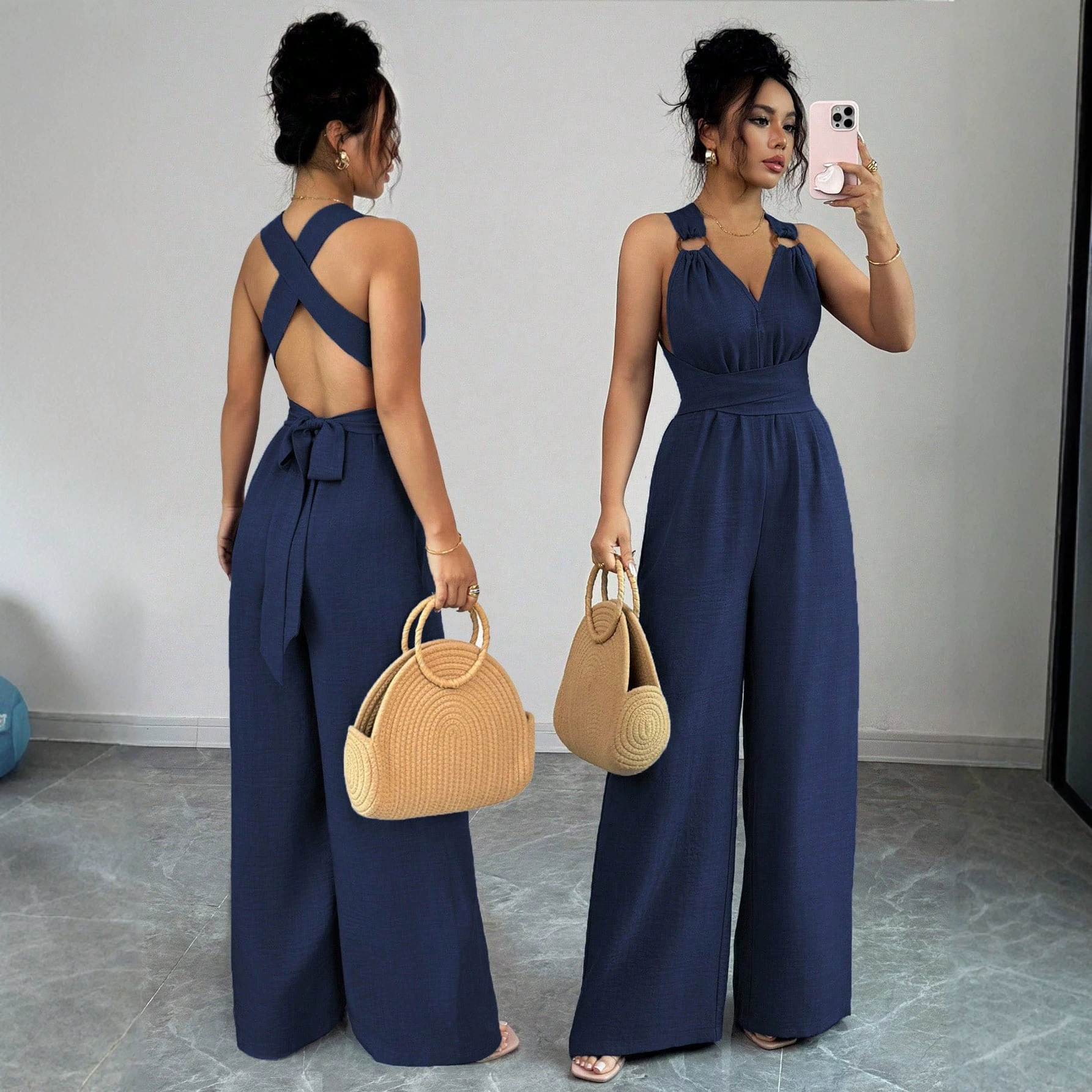 Cross-border women's halter neck V-neck backless jumpsuit waist-cinching belted wide-leg trousers commuting casual slimming jumpsuit