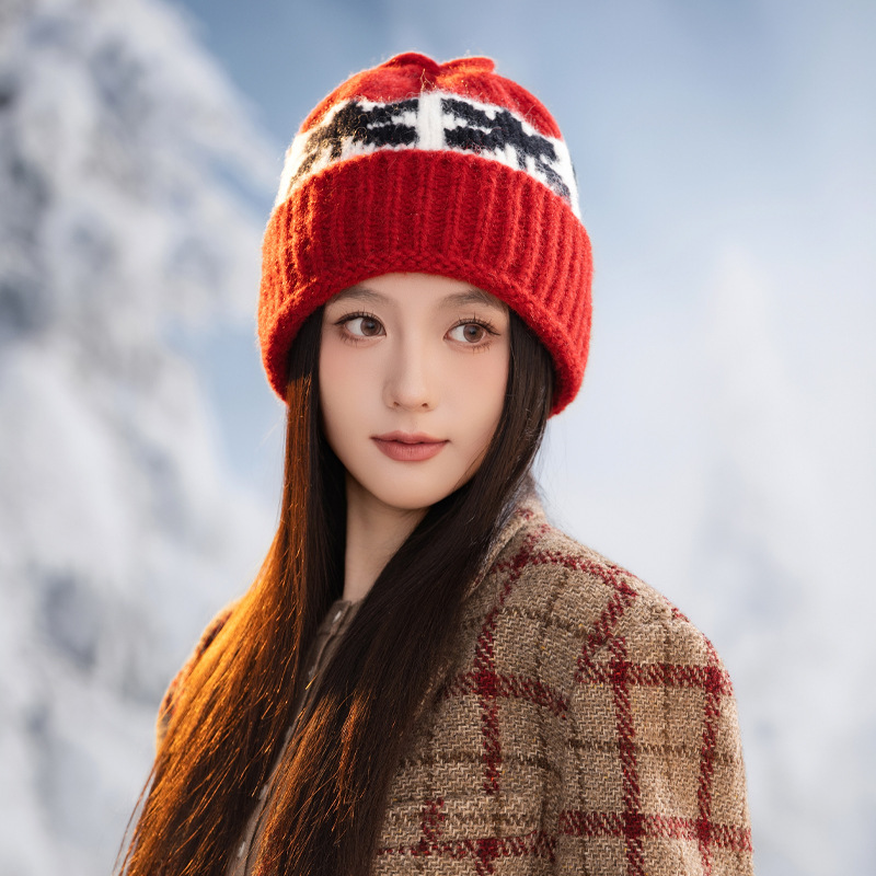 文艺复古毛线帽子女秋冬费尔岛风提花保暖帽韩版时尚百搭套头帽新|undefined