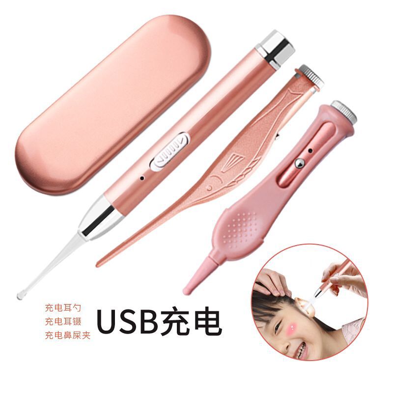 Factory wholesale USB charging illuminated ear pick, baby nose cleaner, earwax remover, tweezers set