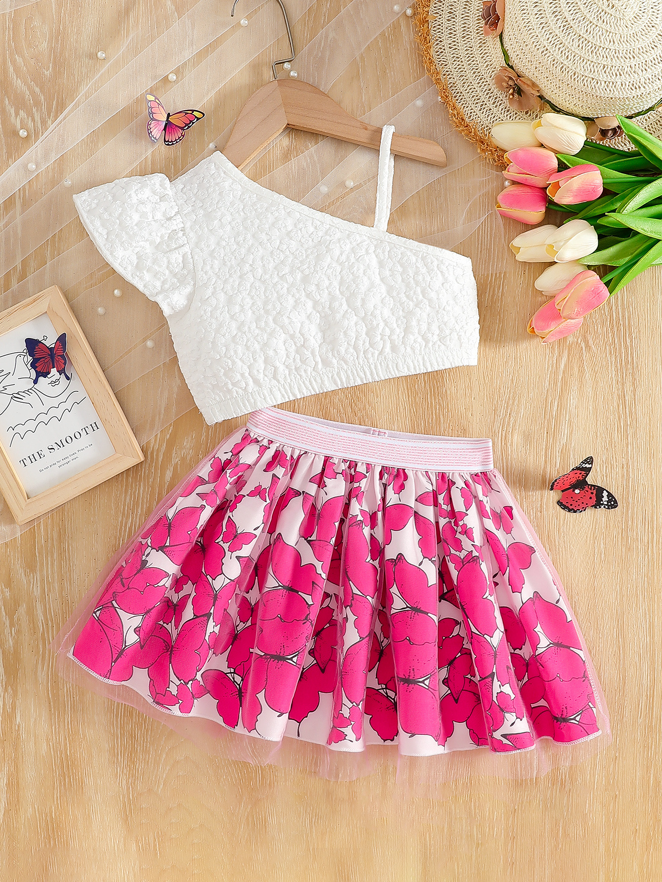 2026 nuevo estilo de verano vestido de niñas estampado mariposa chica vestido corto para niños pantalones de cierre