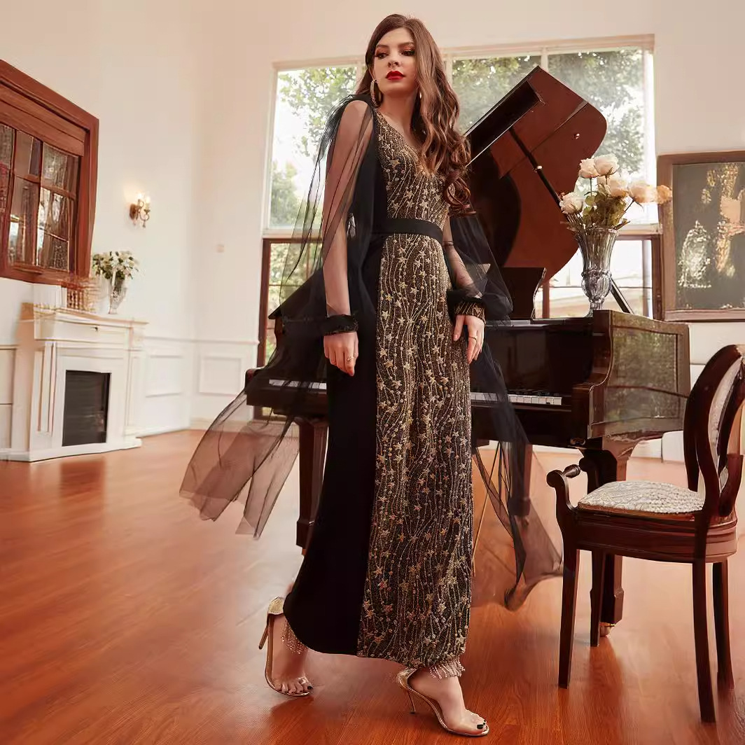 High elastic gold jacquard knitted mesh sleeves design dress long skirt party dress_autovado.com
