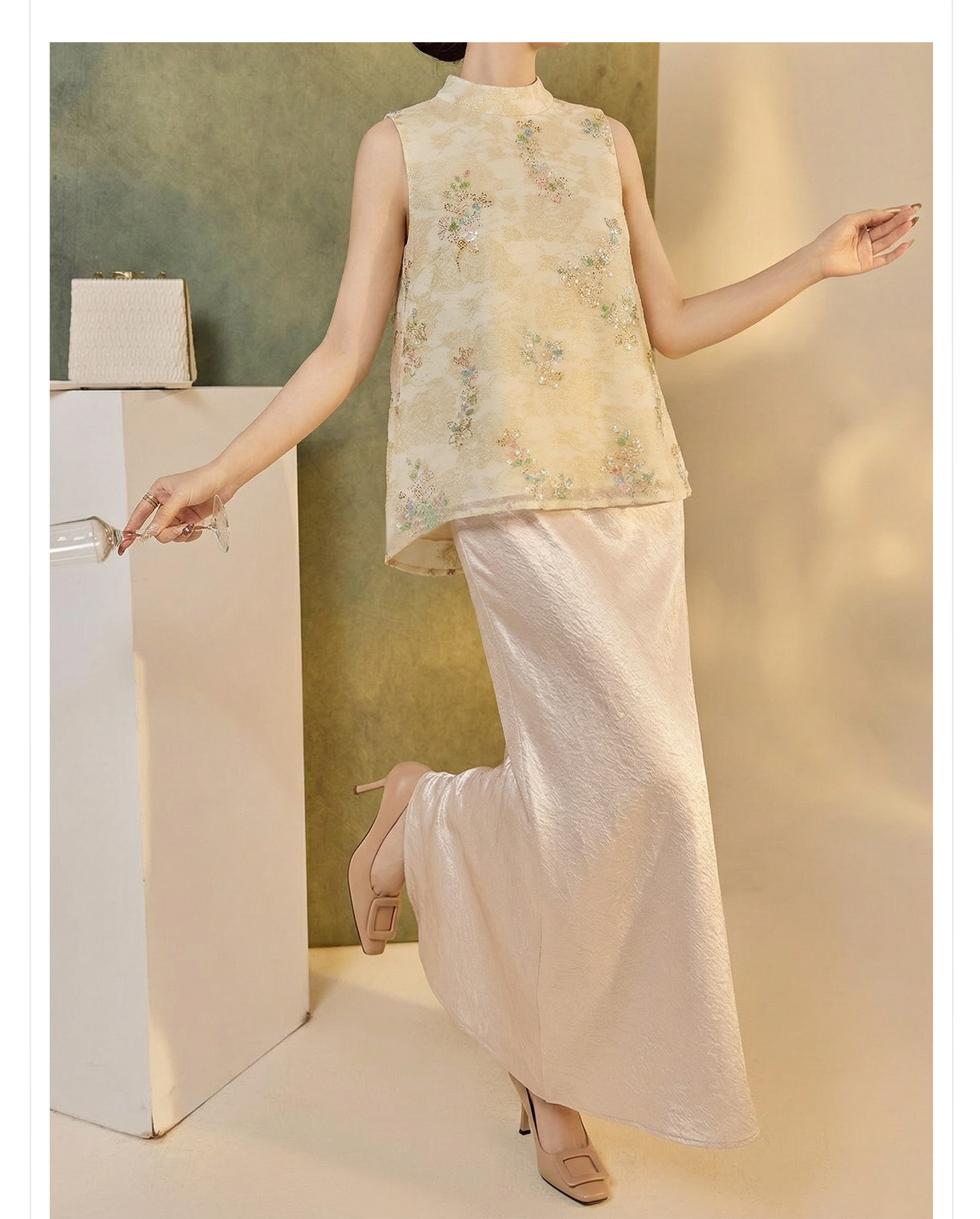 Bộ áo vest không tay lưới thêu đính cườm phong cách Tân Trung Hoa kèm chân váy nửa kín ZX P0337 — bộ đồ, Champagne màu nửa váy, Áo khoác màu mơ chi tiết 6