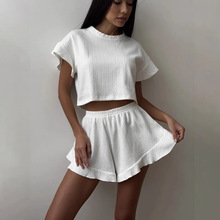 欧美跨境春夏季女装时尚休闲设计感荷叶边拼接短袖上衣短裤两件套