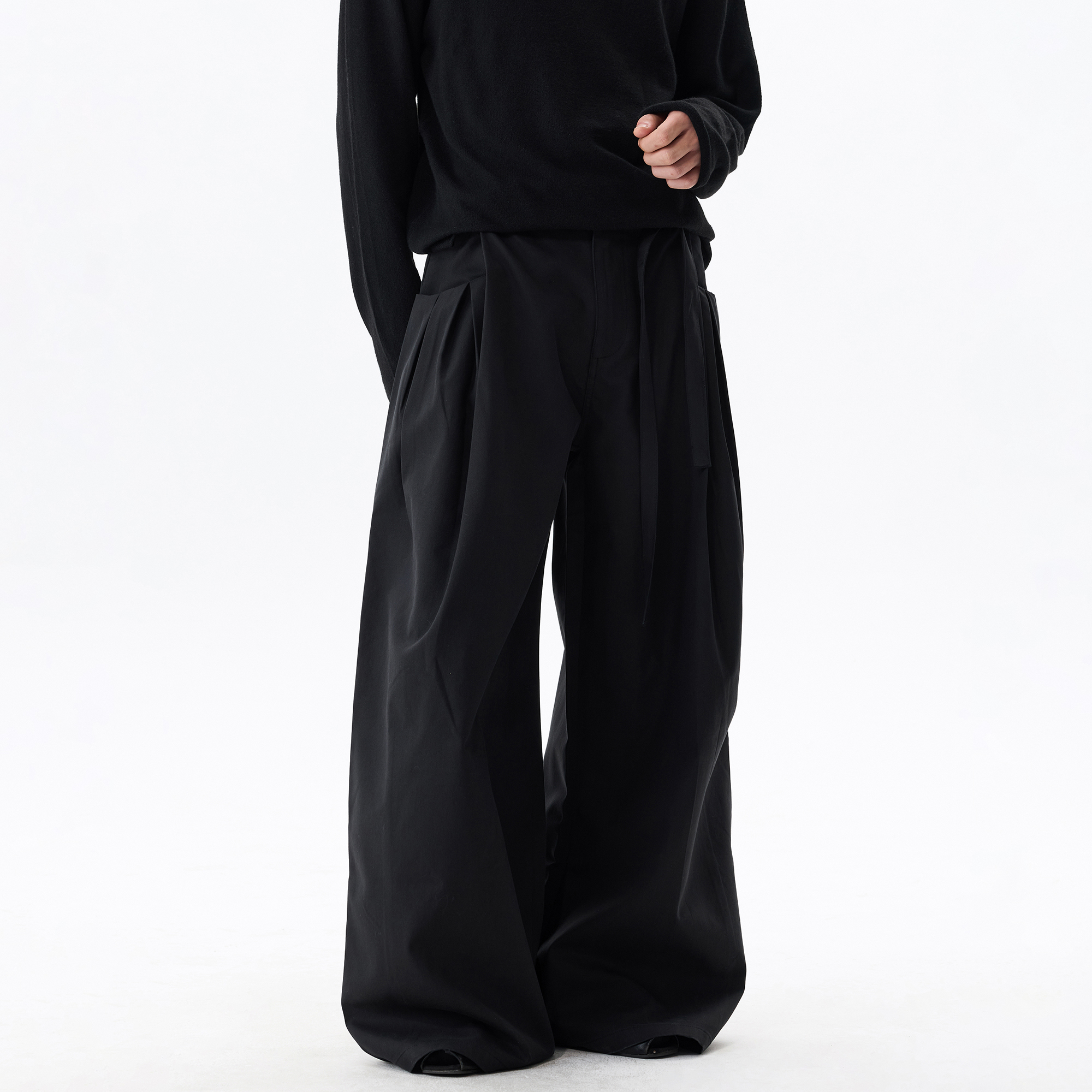 ISIETS美式复古打褶设计感垂感休闲西裤男宽松阔腿感直筒长裤