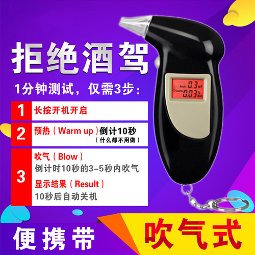 Portable air-inflated alcohol tester for cars. In-car air-inflated alcohol tester for home and car use.