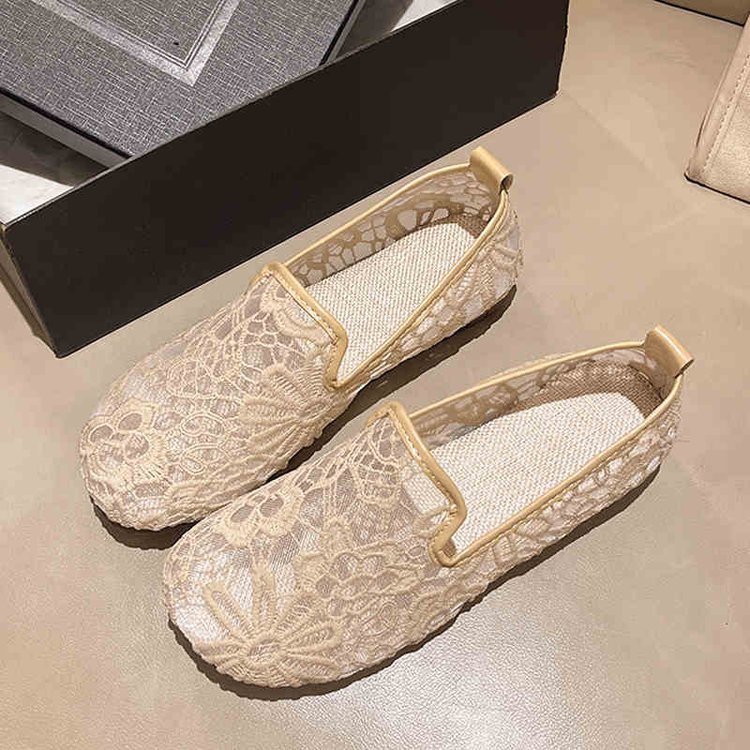 Zapatos de red finos de verano, lentejuelas de encaje para mujer, zapatos de boca baja, zapatos de tela viejos de Beijing huecos de lino, zapatos de frijoles estilo hada