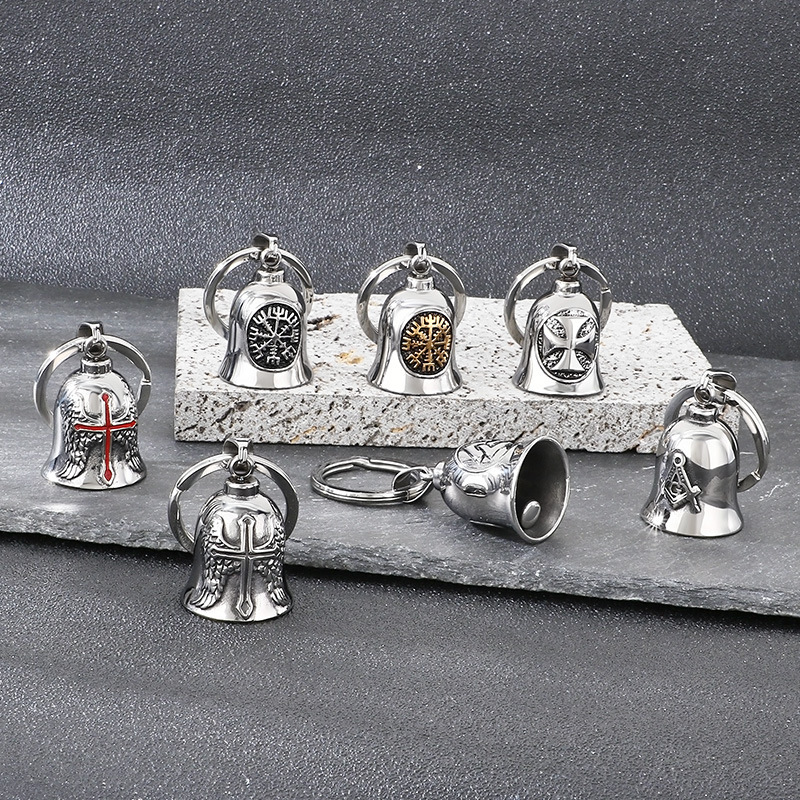 Qixiang Accessories Personalized Cross Bell Pendant Vintage Viking Compass Rune Hanging Bell Titanium Steel Keychain