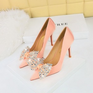 3391-2H9 European and American Style Fashion Banquet High Heels, Thin Heels, Satin, Shallow Mouth, Pointed Head, Rhinest