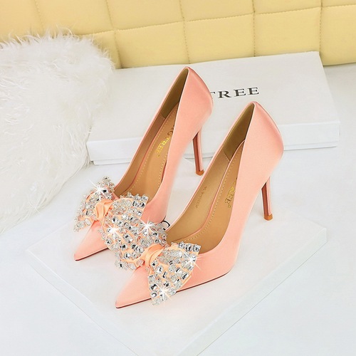 3391-2H9 European and American style fashion banquet high heels stiletto heel satin shallow mouth pointed toe rhinestone bow single shoes for women