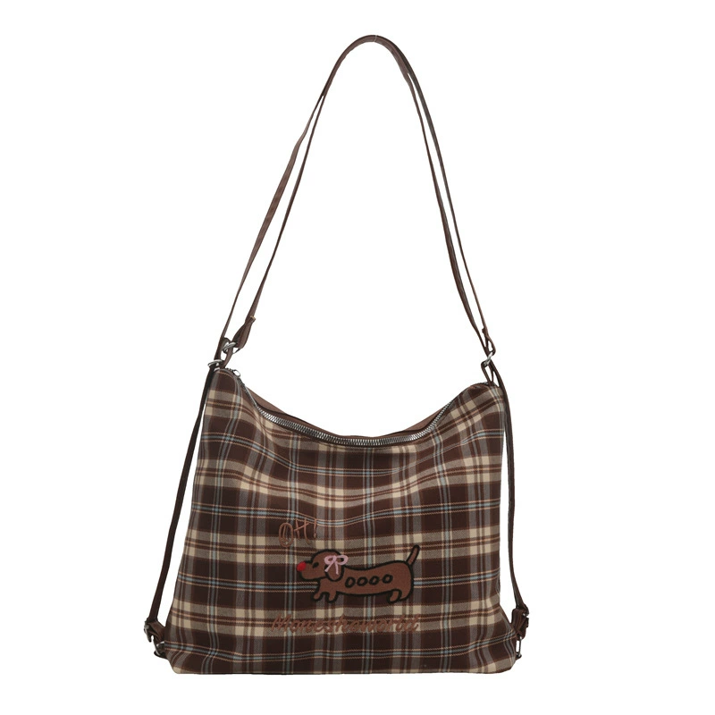 Capacious Convertible Shoulder Bag Backpack, Plaid Pattern with Embroidered Motif, Spacious