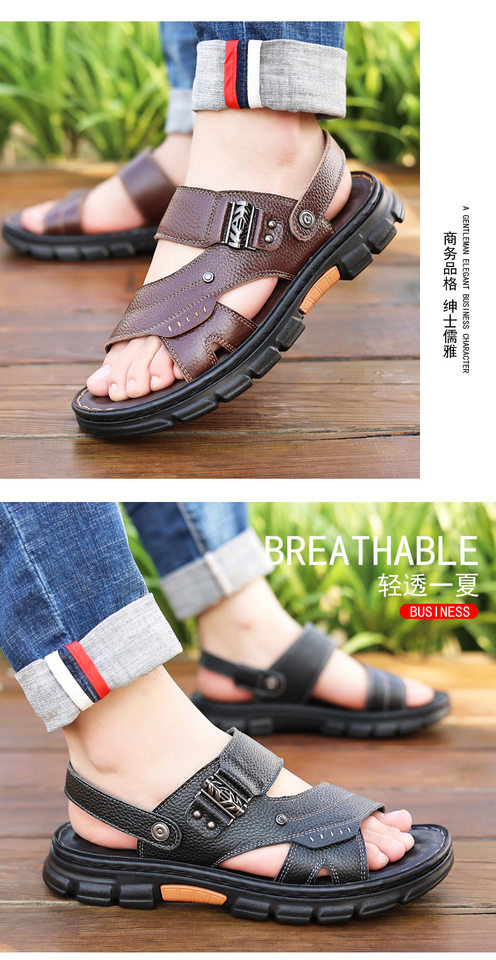 Dép sandal nam da bò đế dày chống trượt kiểu mới mùa hè, dép lê hở ngón mũi tròn — Màu nâu, màu đen chi tiết 20