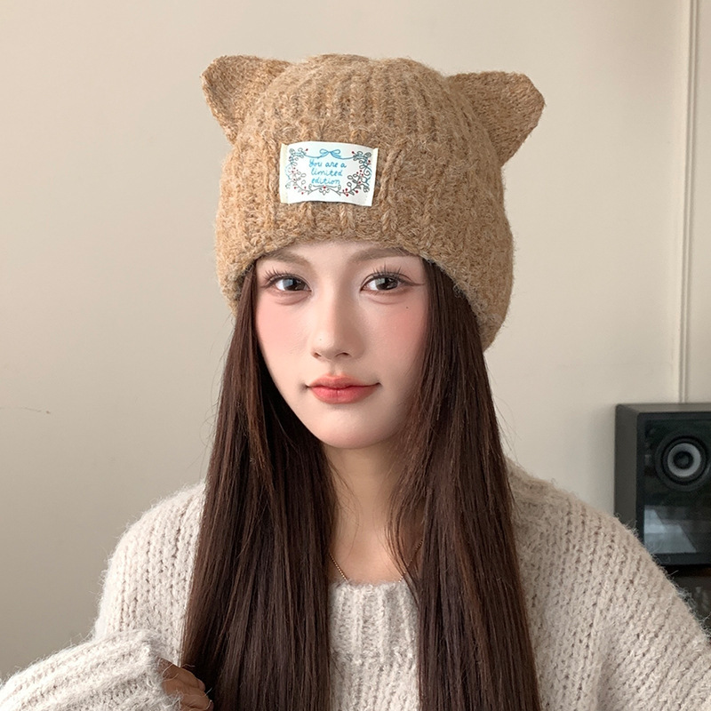 日系可爱猫耳朵毛线帽子女冬季加厚防风套头帽日系保暖护耳针织帽|undefined