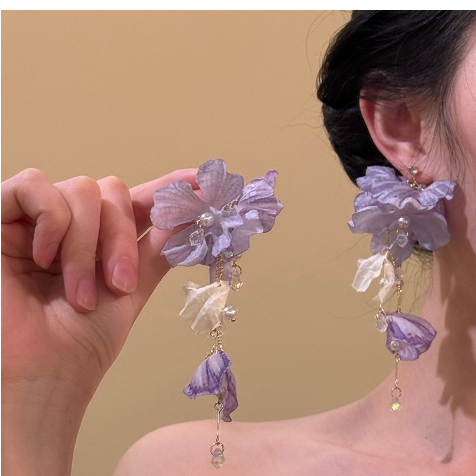 Youziqimeng~Summer Purple Flower Tassel Earrings 2025 New Exaggerated Seaside Resort Style Earrings Ear Clips