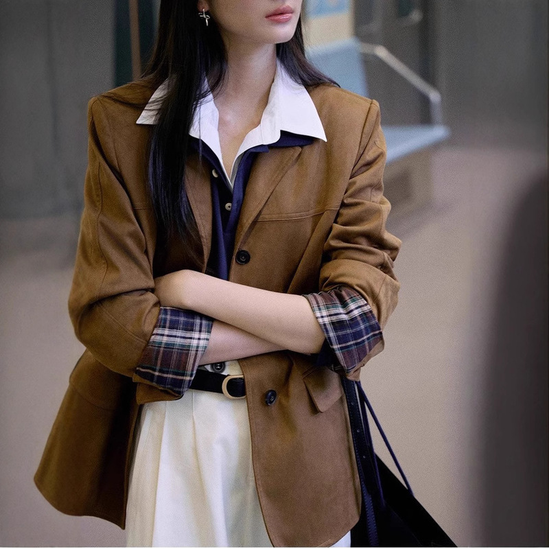 预售复古拼接仿麂皮西装外套女秋季设计感气质通勤西服外套|undefined