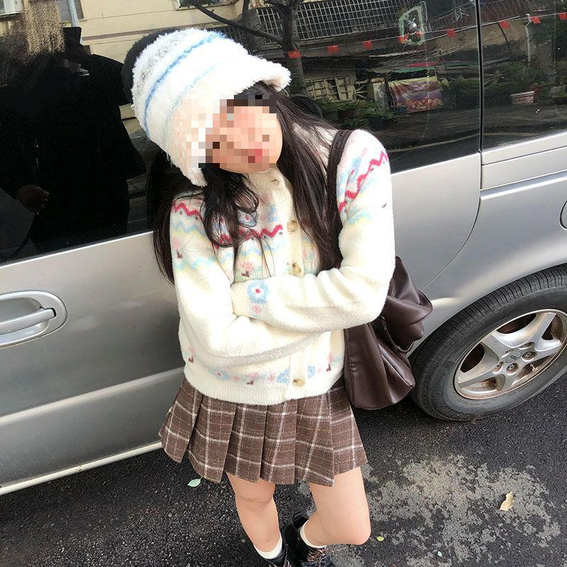 美式复古费尔岛软糯开衫毛衣女秋冬款小个子圣诞节宽松外搭针织衫|undefined