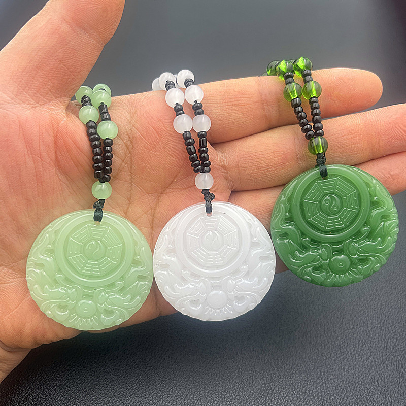 New Imitation Jade Men and Women Baifu Longfeng Bagua Necklace Shuanglong Fu Brand Woolen Chain Longfeng Brand Pendant Live Buddha Pendant
