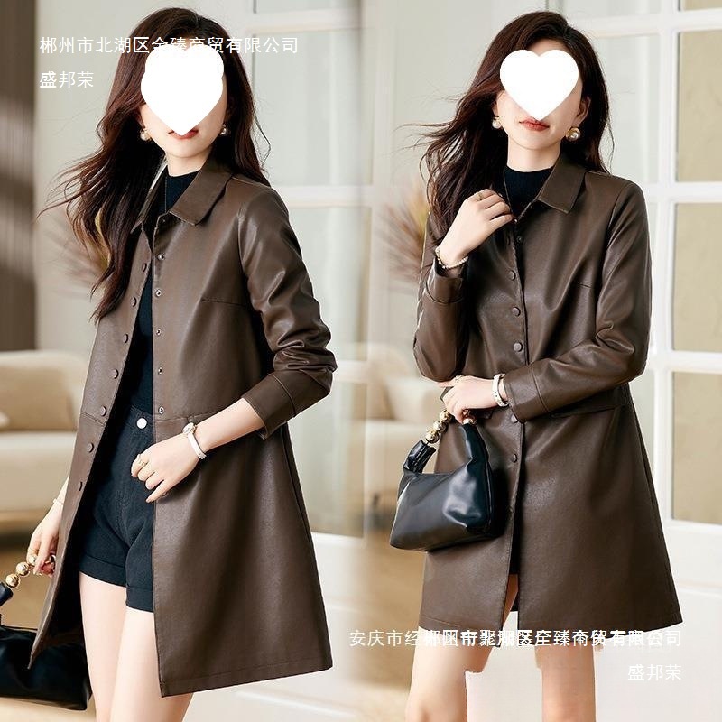 2025 Autumn/Winter New Sheepskin Women's Mid-Length Leather Coat Fashionable Age-Reducing Elegant Plus Size Trench Coat Black