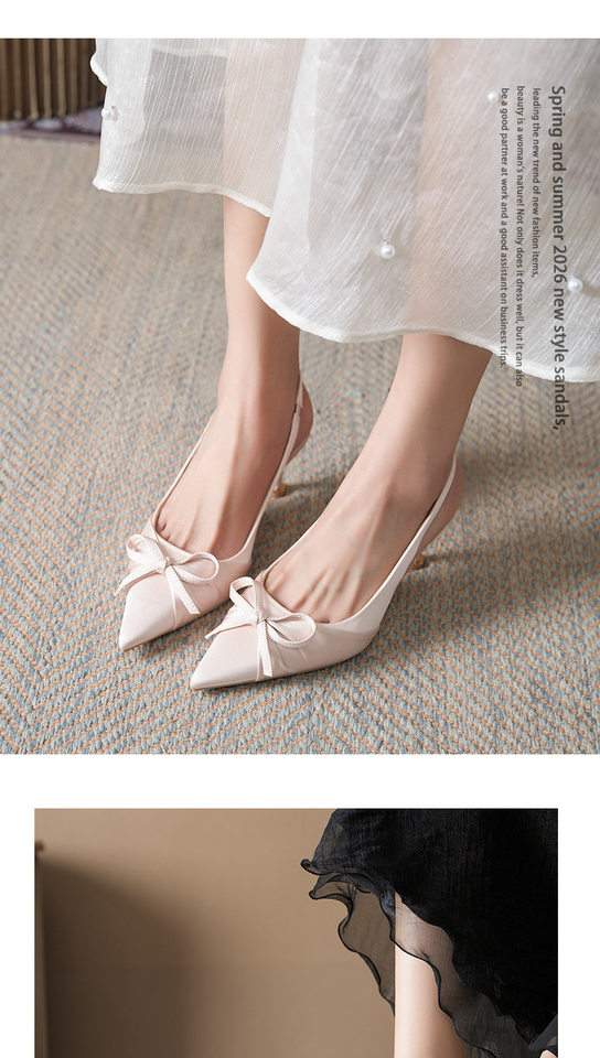 Sandal cao gót mũi nhọn bít mũi quai ngang chất liệu lụa satin, gót 6–8 cm — Màu be, Màu hồng, màu đen chi tiết 10