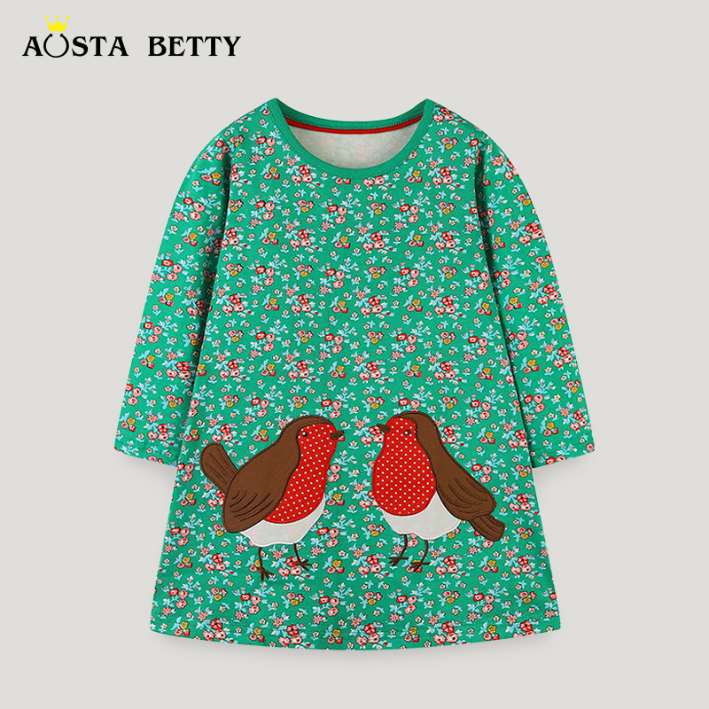 Autumn European and American style girls dress small and medium-sized children's broken flower skirt cute cartoon bird embroidered princess skirt
