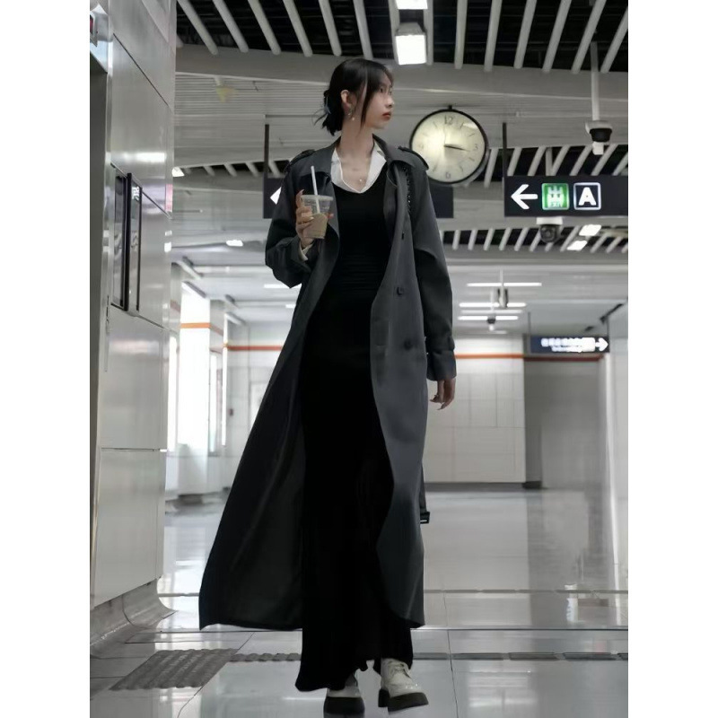 新品高个子长灰色风衣春秋女款新款加长版脚踝大衣气质休闲外套|undefined