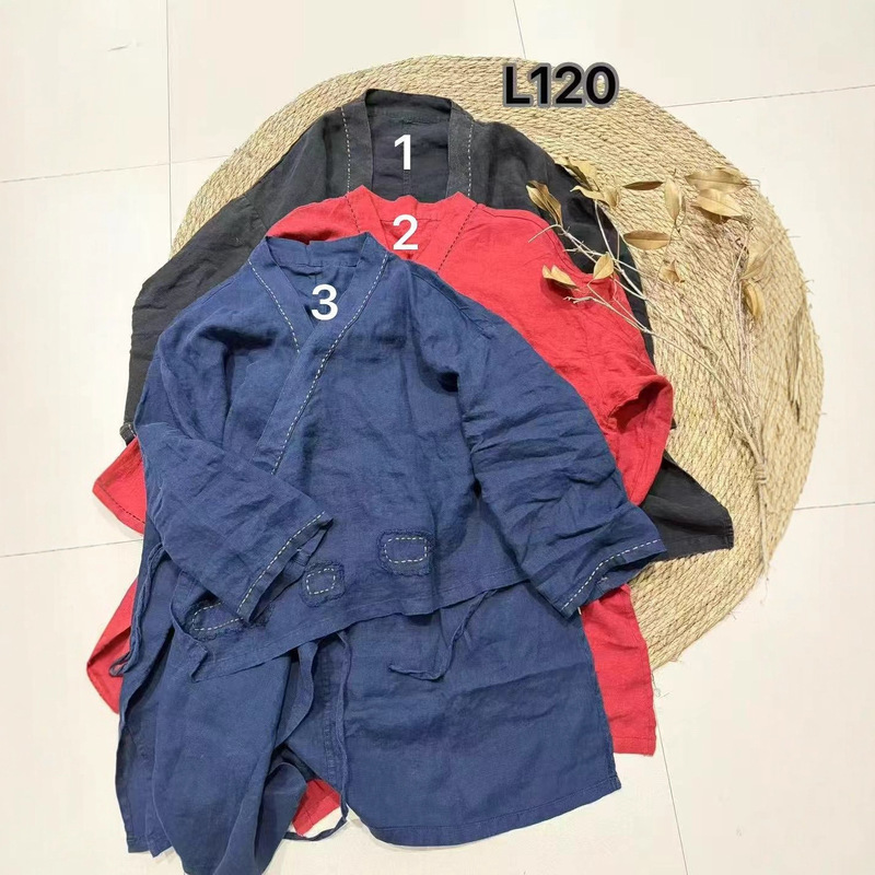 秋季 复古宽松个性亚麻绣线斜襟V领系带茶服衬衫高品质上衣女L120|undefined