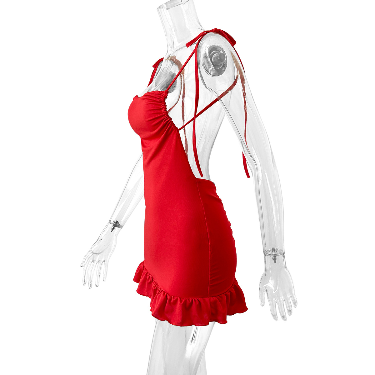 Summer Sexy Sling Pleated Dress Women Clothing Backless Tied Lotus Leaf Hip Dress