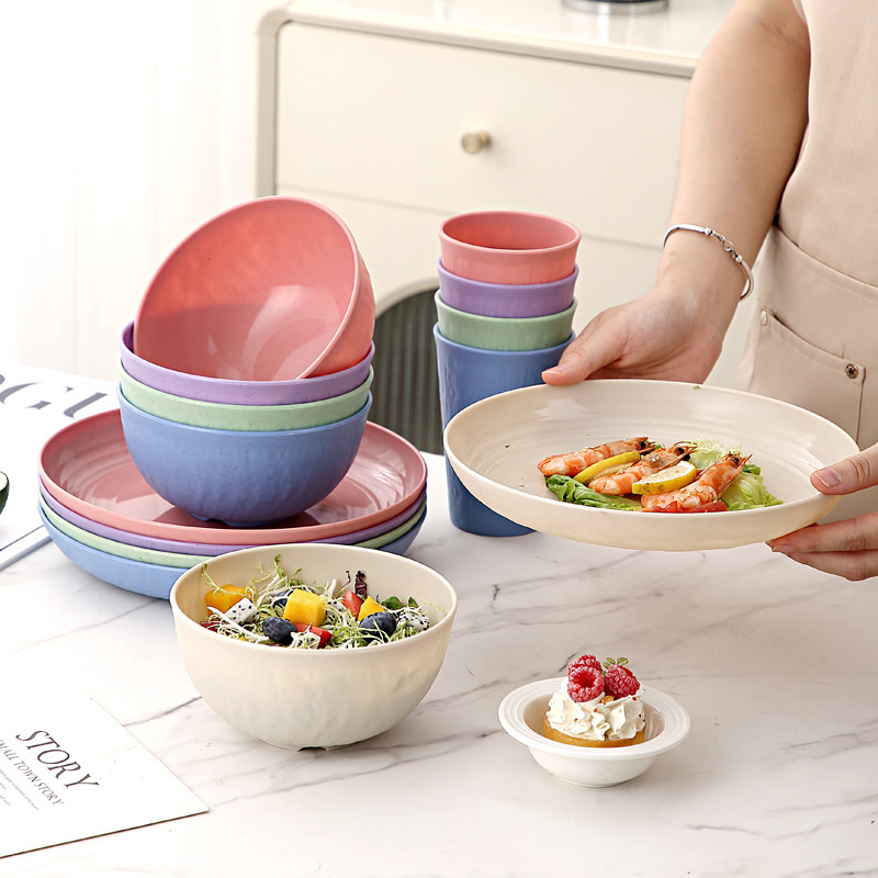 Amazon Stone-Pattern Plastic Pp Household Dining Bowls, Plates, Cups, Outdoor Dinner Plates, Soup Bowls, Portable Popular Tableware Set