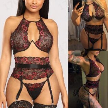 Amazon Hot New Lace Sexy Pajamas Sexy Embroidered Black Mesh Perspective Temptation Split Sexy Lingerie