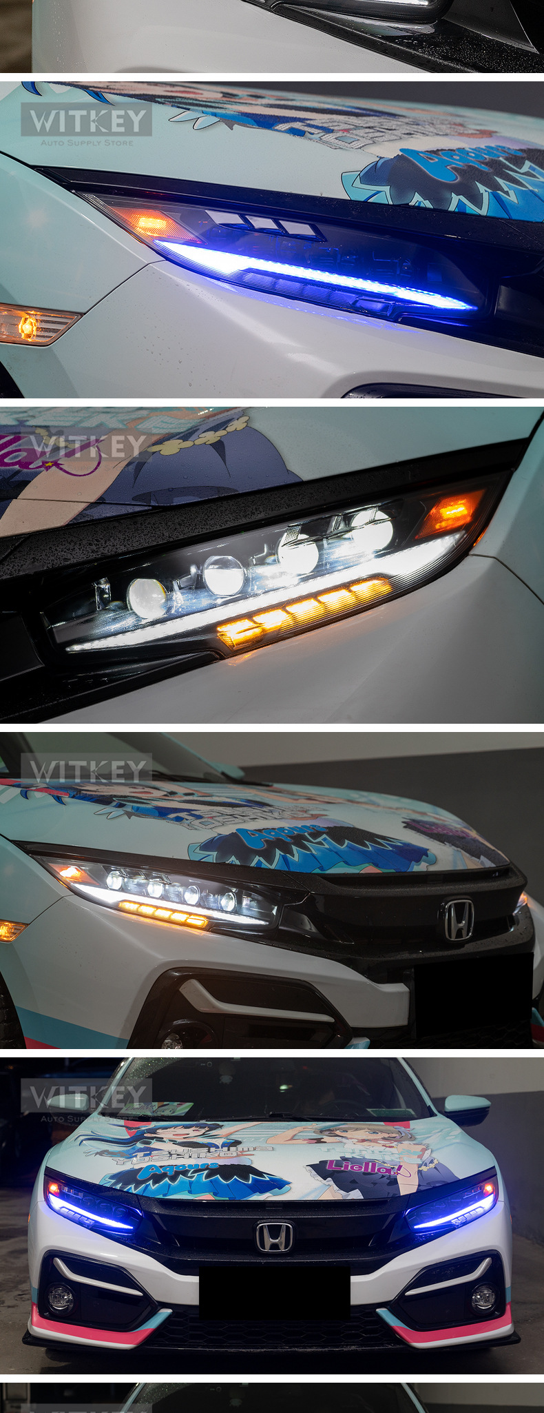 Suitable for 16-21 models of 10th generation Civic headlight assembly modification with LED running lights, matrix lenses, and sequential turn signals