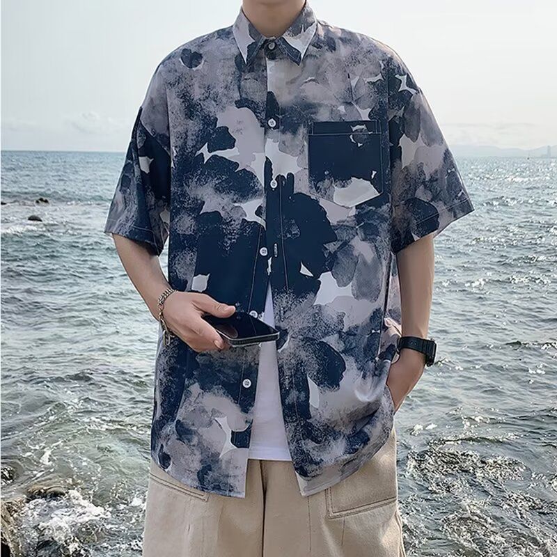 Oversize 300 Jin Hong Kong style retro short sleeve floral shirt men's fashion brand summer loose high sense shirt coat 」