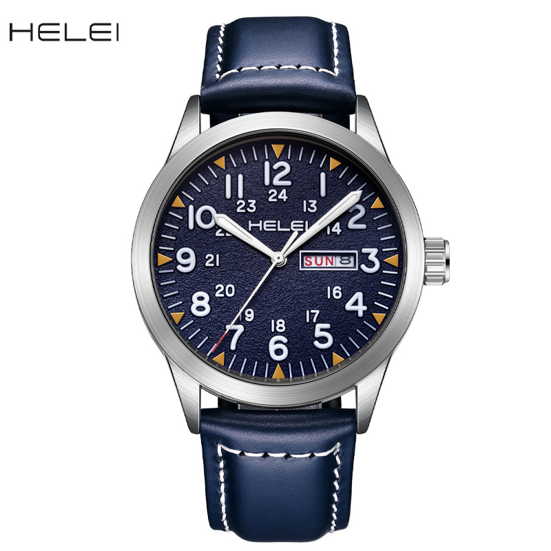New Brand HELEI Men's Watch Genuine Leather Waterproof Luminous Wrist Watch Quartz Watch Calendar Week Display_voghion.com