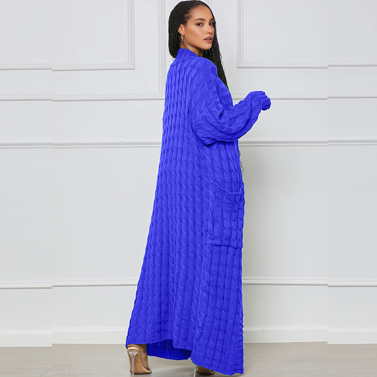 Damen Strickjacke Lang Aus Grobstrick In Unifarben Wintermantel_voghion.com