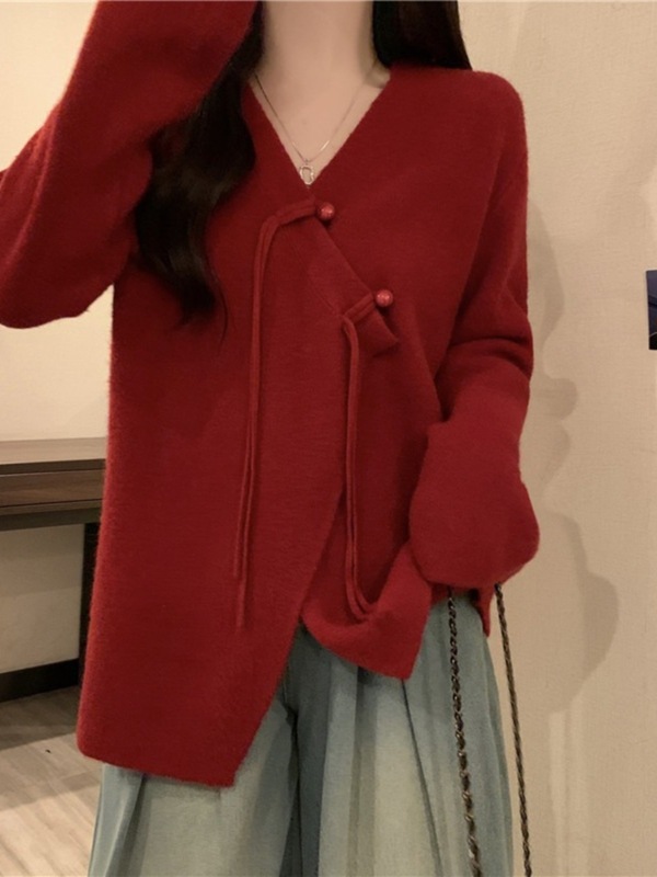 不规则软糯领毛衣开衫外套女秋冬微胖大码遮肚子宽松针织打底衫|undefined