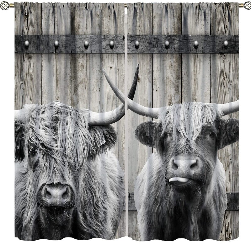 Cross-border western country barn door wood grain style curtains with digital print of Highland cattle, specially designed for bedroom and living room, direct from the manufacturer Cross-border western country barn door wood grain style curtains with digital print of Highland cattle, specially designed for bedroom and living room, direct from the manufacturer