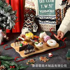 跨境新品圣诞节蛋糕托盘车雪橇砧板铁艺圣诞木制架雪橇铁架厂家