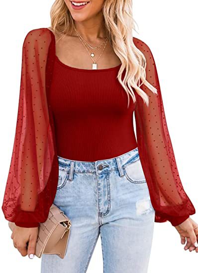 Top de Verano 2025 para Mujer, Estilo Europeo y Americano, Transparente, con Mangas Farol, Diseño de Parches, Ajustado